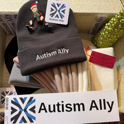 Large Holiday Bundle: 10 Autism Ally beanies & 55 stickers